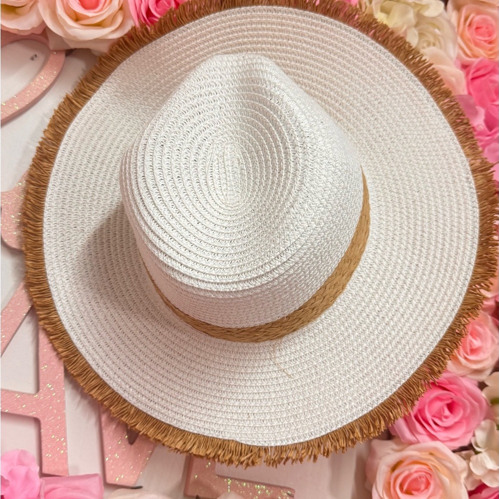 White and Tan Wide-Brimmed Sun Hat with Ribbon